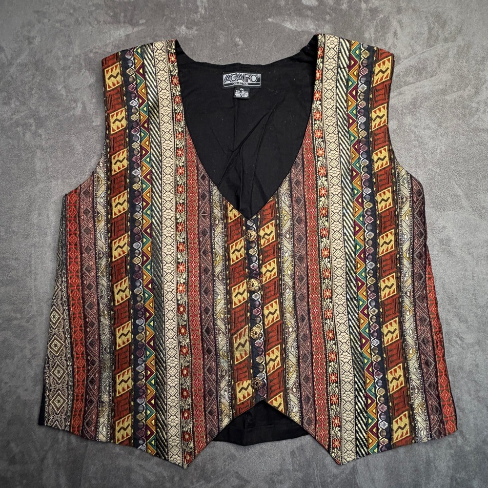 VTG Agapo Collection Vest 2X Black Multicolor Woven Boho Tapestry Button Up